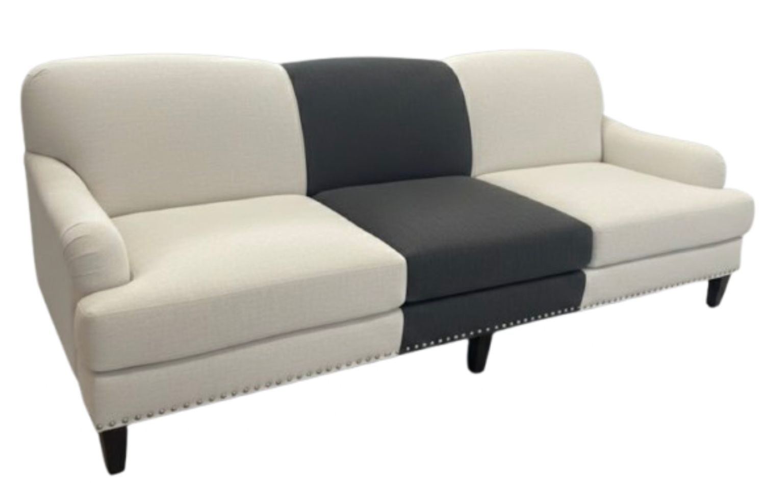 Extra Long Sofa In Neutral Crypton  & Contrast Grey Stripe Upholstery w/ Nail Head Detail 110"W x 42"D x 36"H