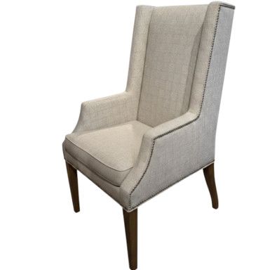 Host Chair in Neutral Check Upholstery w/ Nail Head Detail & Stained Wood Legs 25"W x 28"D x 46"H