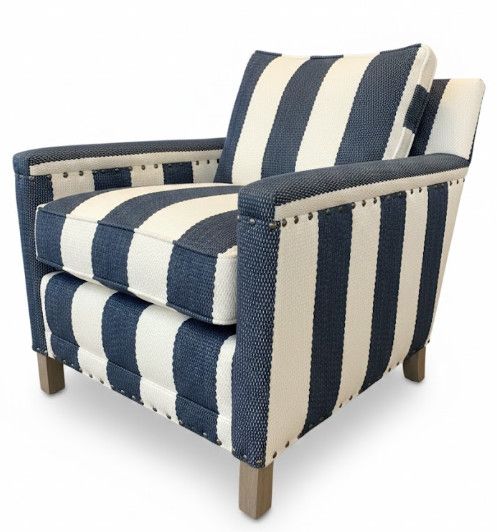 Lounge Chair in Navy & White Striped Upholstery w/ Nail Head Detail 26"W x 30"D x 32"H