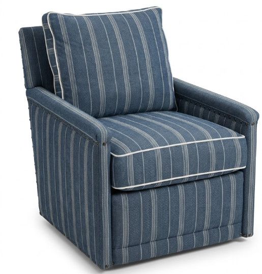Swivel Recliner Upholstered in a Blue & White Stripe Fabric w/ Nail Head Trim 28"W x 36"D x 36"H
