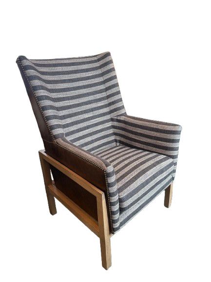 Wing Back Chair in Charcoal & Neutral Striped Upholstery w/ Exposed Wood Frame & Contrasting Leather Back & Nail Head Detail 29 Wing Back Chair in Charcoal & Neutral Striped Upholstery w/ Exposed Wood Frame & Contrasting Leather Back & Nail Head Detail 29"W x 32"D x 45"H