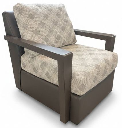 Swivel Lounge Chair in Grey & White Upholstery w/ Leather Frame & Base & Wood Arms 32"W x 36"D x 36"H