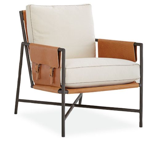 Lounge Chair w/ Neutral Crypton Upholstered Cushions & Leather & Iron Frame 25"W x 34"D x 34"H