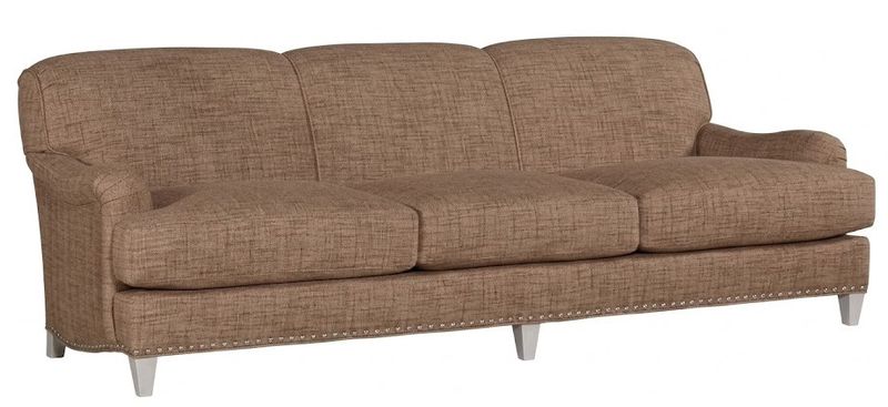 Extra Long English Arm Sofa In Grey Blue Velvet Upholstery w/ Nail Head Detail 110"W x 42"D x 36"H