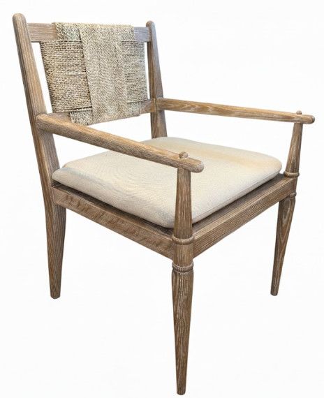 Side Chair w/ Neutral Upholstered Seat Cushion & Natural Woven Back & Oak Wood Frame 23”W x 24”D x 35”H