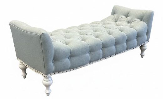 Curved Tufted Bench In Blue Crypton Upholstery w/ Turned Feet & Contrast Band & Nail Head Detail 57"W x 23"D x 24"H
