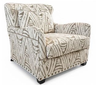 Lounge Chair in Neutral Geometric Upholstery w/ Contrast Band At Base & Nail Head Detail 35"W x 42"D x 35"H