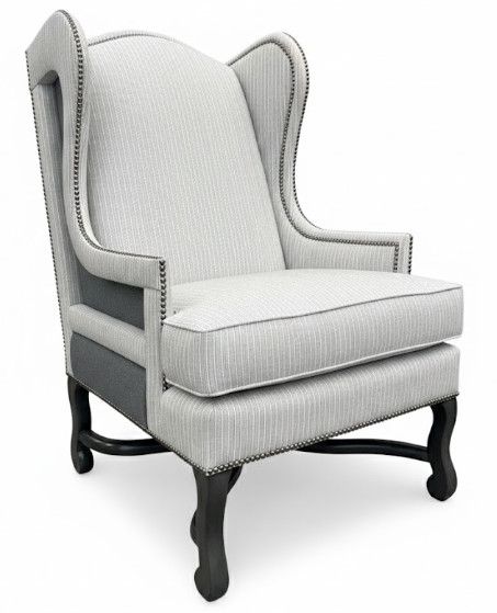 Wing Chair in Grey Sunbrella Striped Upholstery w/ Grey Wool Contrast & X Wood Base 30.5"W x 37.5"D x 47"H