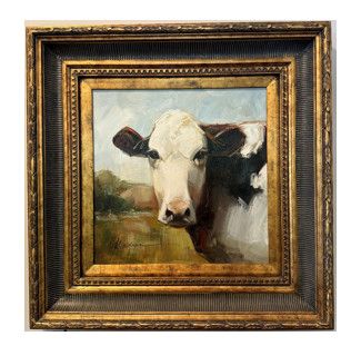 Original Cow Oil Painting on Canvas with Custom Frame 16"W x 16"H