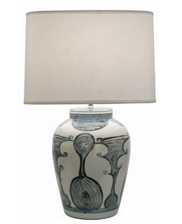 Hand-Crafted Hand-Painted Porcelain Tea Jar Table Lamp with Drum Shade 20"Dia. x 32"H