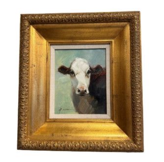 Original Cow Oil Painting on Canvas with Custom Frame 8"W x 10"H