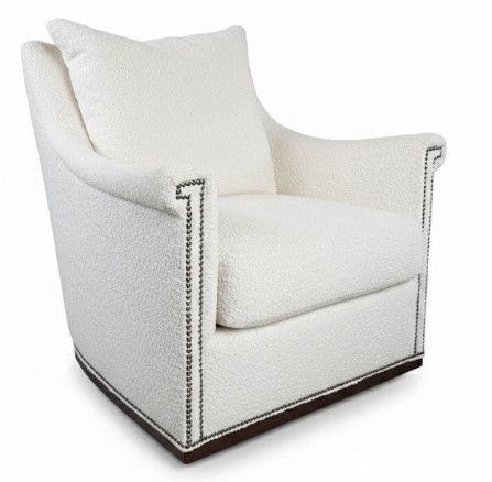 Swivel Lounge Chair in White Textural Crypton Upholstery w/ Stained Wood Base & Nail Head Detail 31 Swivel Lounge Chair in White Textural Crypton Upholstery w/ Stained Wood Base & Nail Head Detail 31"W x 39.5"D x 43"H