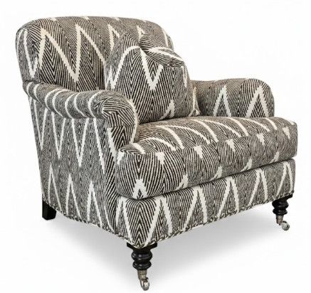 Lounge Chair in Chevron Pattern Upholstery w/ Turned Feet on Casters & Nail Head Detail 36”W x 38”D x 36”H