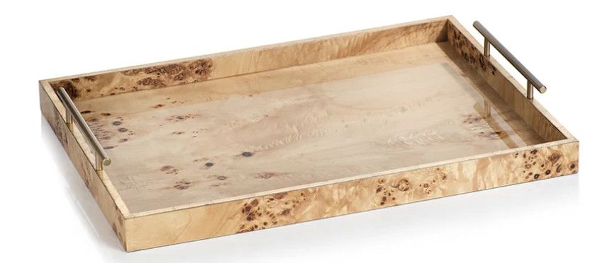 Rectangular Natural Burl Wood Tray w/ Gold Handles 21"L x 15"W x 2.75"H