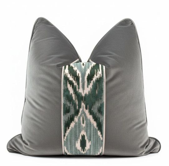 23" x 23" Solid Velvet Pillow w/ Ikat Pattern Tape Trim and Down Fill