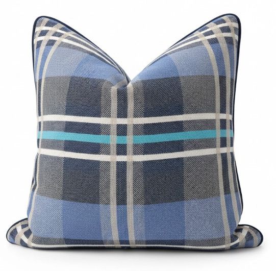 22" x 22" Blue Plaid Pillow w/ Navy Contrast Welt and Down Fill