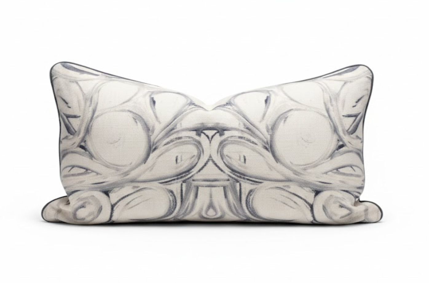 Swirl Blue & White Lumbar Pillow with Contrast Welt and Down Fill
