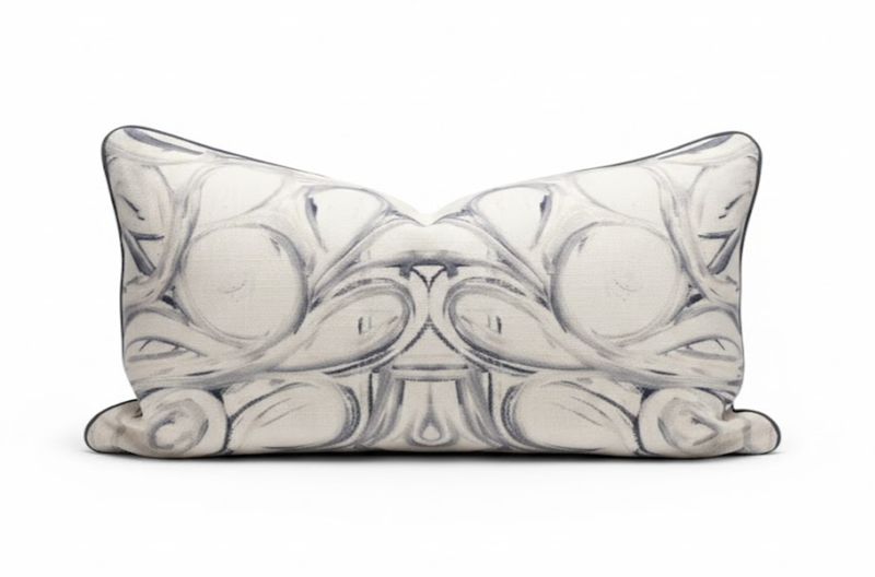Swirl Blue & White Lumbar Pillow with Contrast Welt and Down Fill