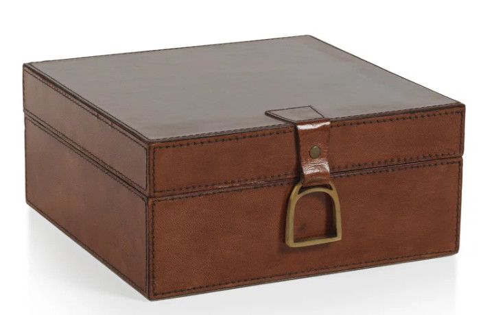 Square Leather Box w/ Brass Pull 10"Sq. x 4.5"H