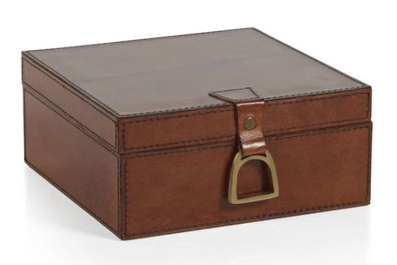Square Leather Box w/ Brass Pull 8"Sq. x 4"H