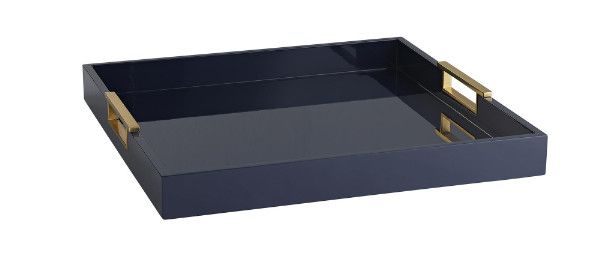 Reflective Navy Blue Tray with Brass Handles 16"Sq. x 2"H
