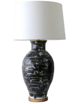 Hand-Made Ceramic Table Lamp in Charcoal w/ Walnut Base & Drum Shade 18"Dia. x 32.5"H