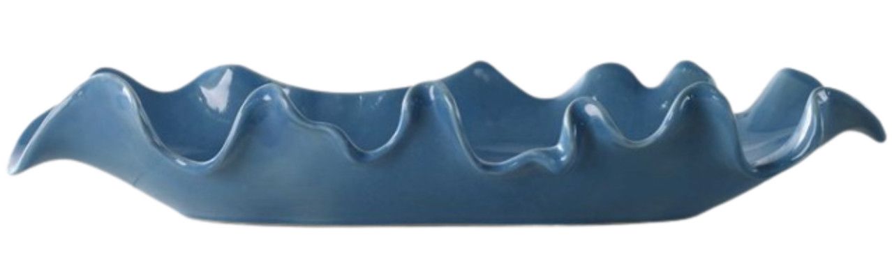 Blue Ceramic Bowl with Ruffled Edge 24"L x 10"W x 4"H