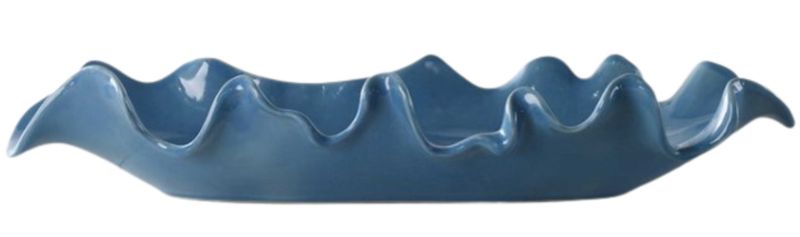 Blue Ceramic Bowl with Ruffled Edge 24"L x 10"W x 4"H