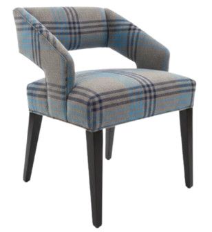 Dining Chair in Blue Plaid Upholstery w/ Stained Wood Legs 22"W x 22"D x 30"H