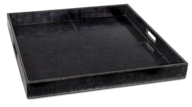 Square Black Leather Tray w/ Handles 24"Sq. x 2.5"H