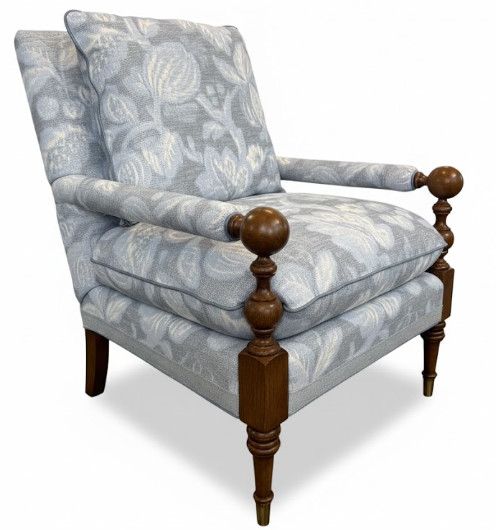 Lounge Chair in Blue Floral Motif Upholstery w/ Contrast Leather Welt & Decorative Banding  31"W x 37"D x 39"H