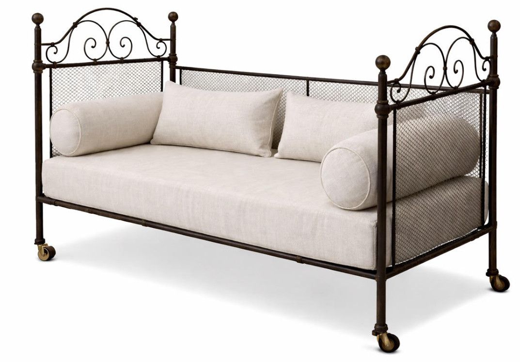 Daybed in Neutral Upholstery w/ Black Metal Frame on Casters from France 51"W x 24"D x 33.5"H