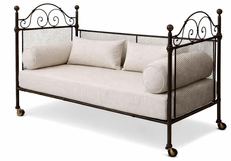 Daybed in Neutral Upholstery w/ Black Metal Frame on Casters from France 51"W x 24"D x 33.5"H