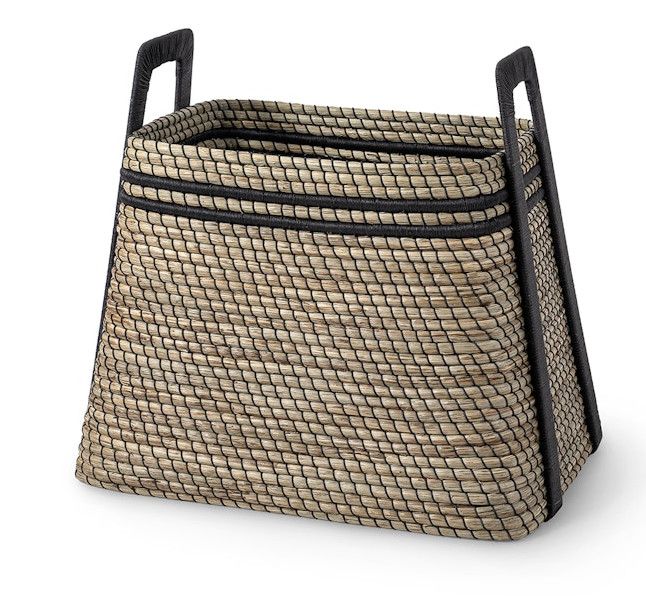 Large Hand-Wrapped Natural Seagrass & Black Leather Basket 28.75"L x 20.25"W x 20"H + 5"Handle