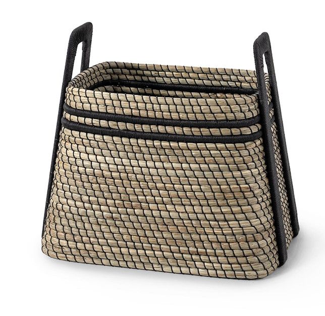 Small Hand-Wrapped Natural Seagrass & Black Leather Basket 22"L x 15.5"W x 15.75"H + 5"Handle