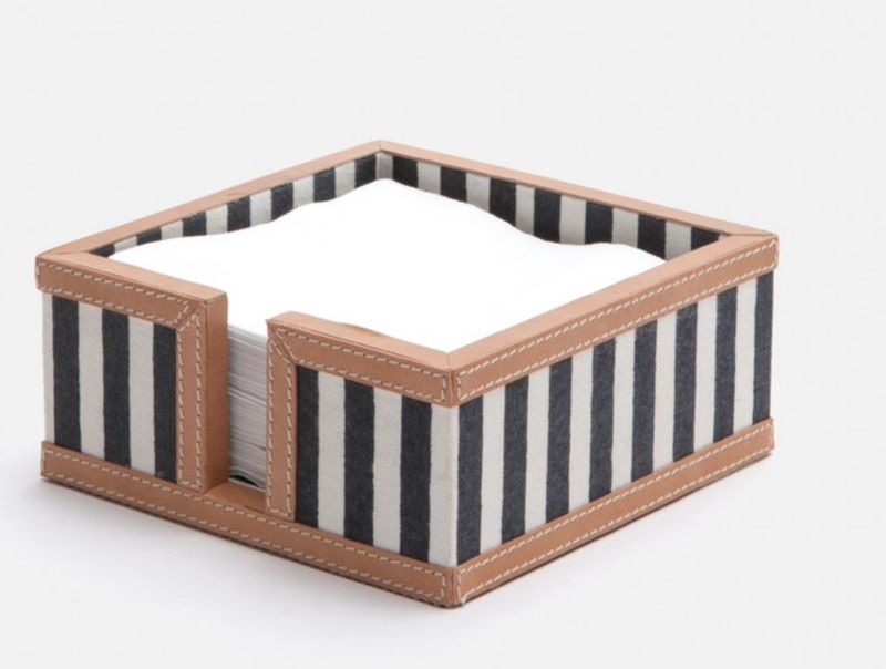 Navy & White Striped Cocktail Napkin Holder w/ Leather Detail  6"L x 6"W x 3"H