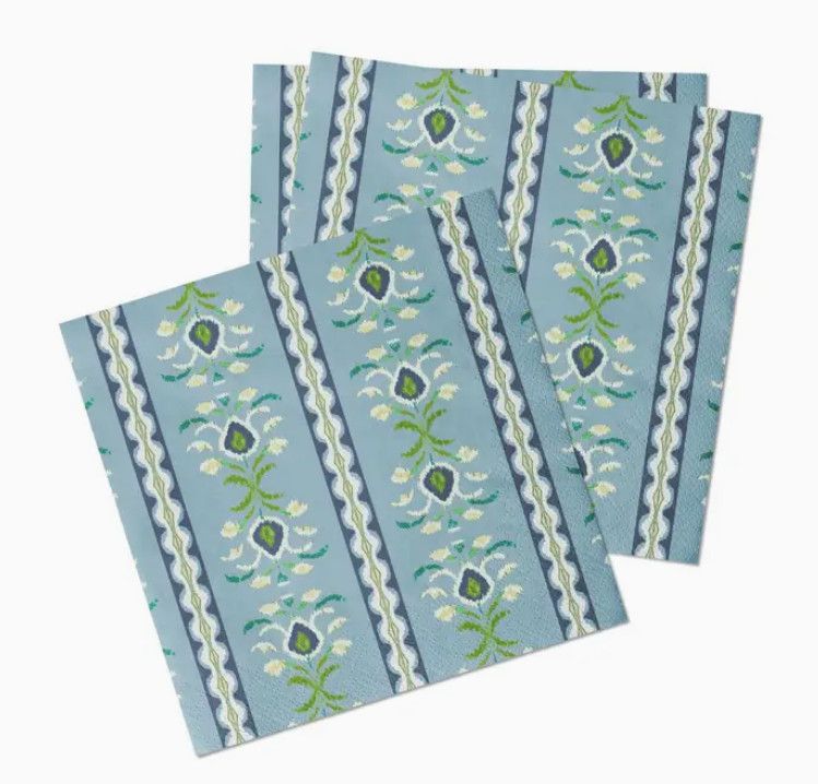 Blue Floral Motif Striped Cocktail Napkins