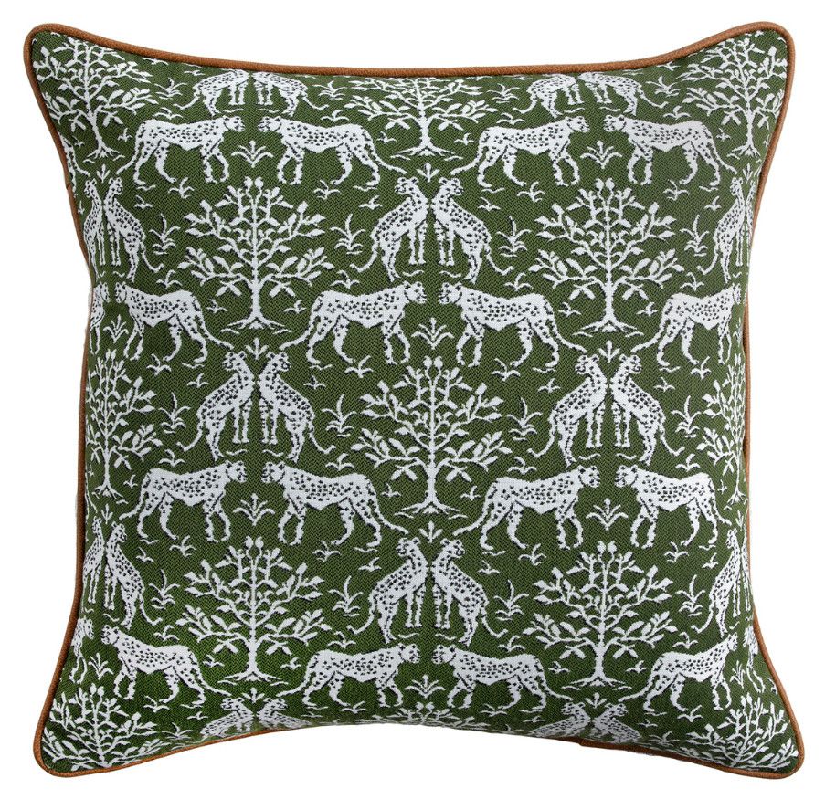 Green & White Cheetah Pillow w/ Contrast Leather Welt 22" x 22"
