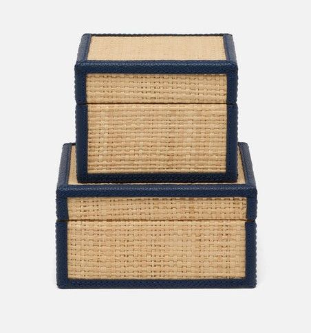 Small Natural Raffia & Navy Leather Box 4"L x 4"W x 3"H