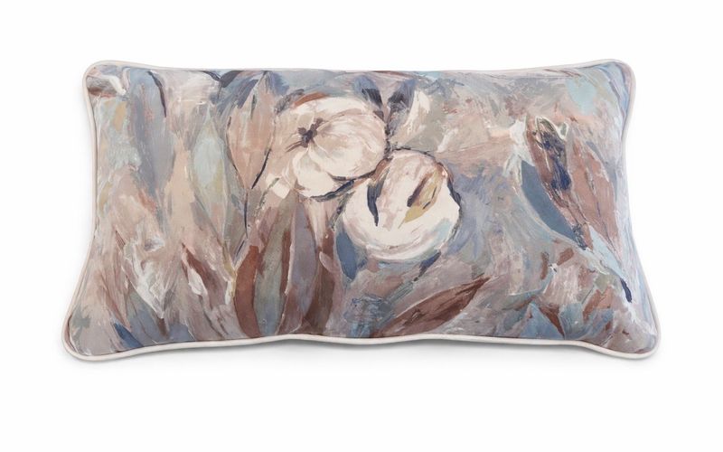 12" x 24" Blue Floral Motif Lumbar Pillow w/ Contrasting Leather Welt