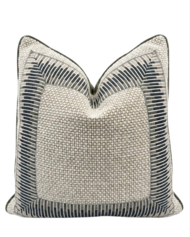 22x22 Neutral Textural Chenille & Mushroom Velvet Pillow w/ Tape Trim Detail