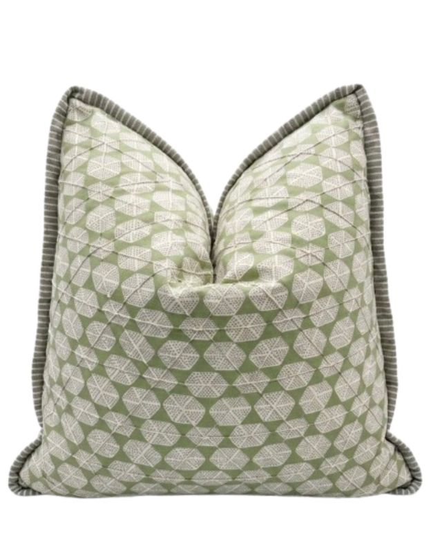 22x22 Green Textural Abstract & Mushroom & Oatmeal Stripe Pillow w/ Flange Detail