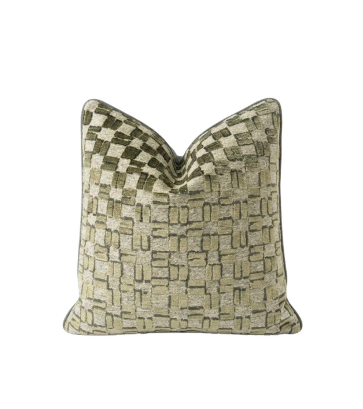 20x20 Green Geometric Velvet Pillow w/ Charcoal Wool Welt Detail