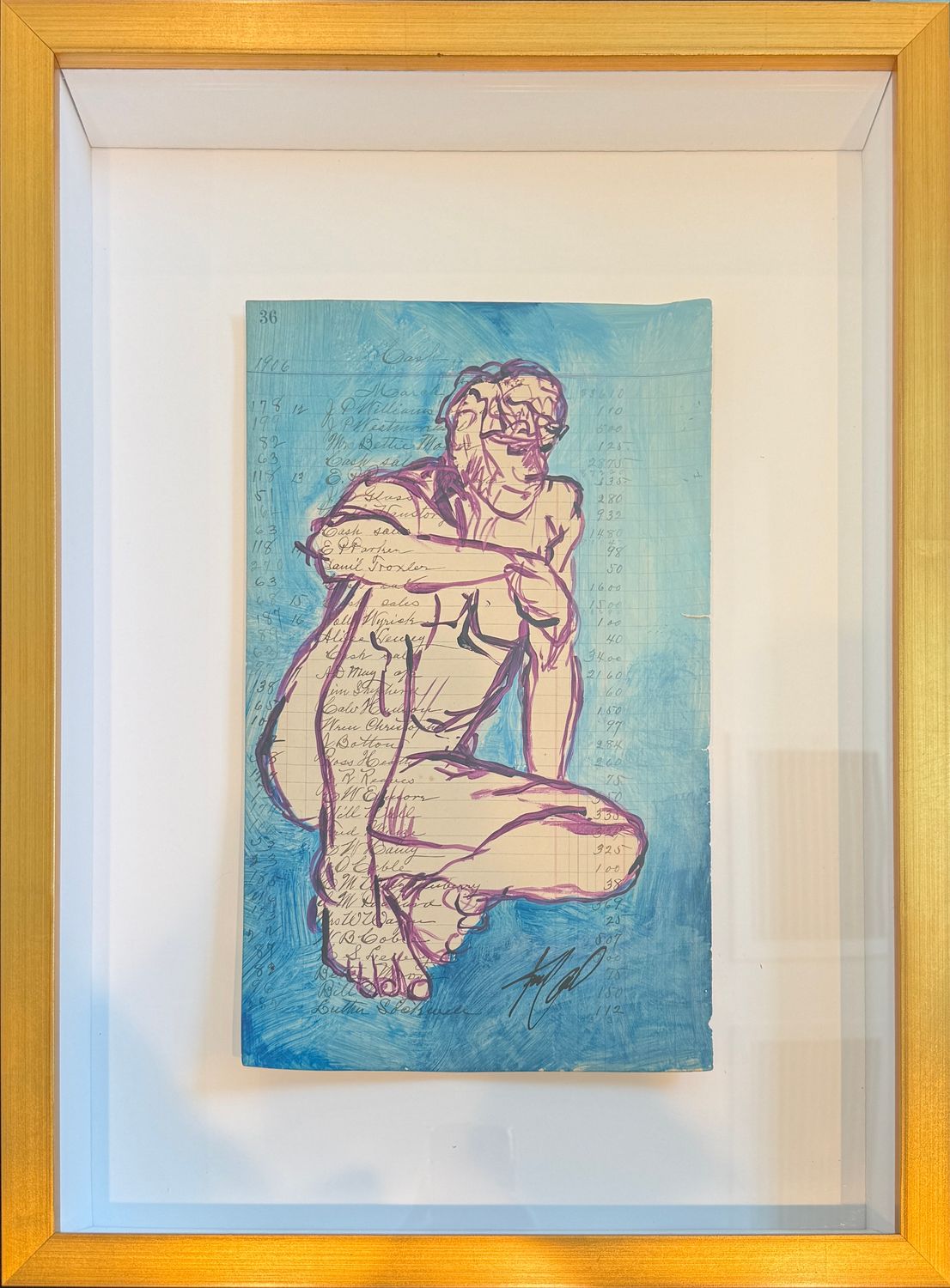 Original Artist Signed Male Sitting Abstract w/ Matting & Gold Frame 15.75"W x 21"H