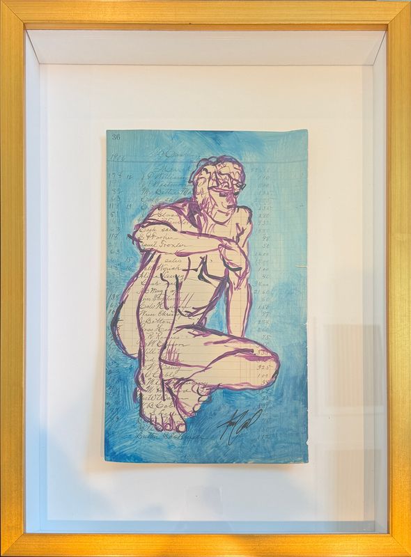 Original Artist Signed Male Sitting Abstract w/ Matting & Gold Frame 15.75"W x 21"H