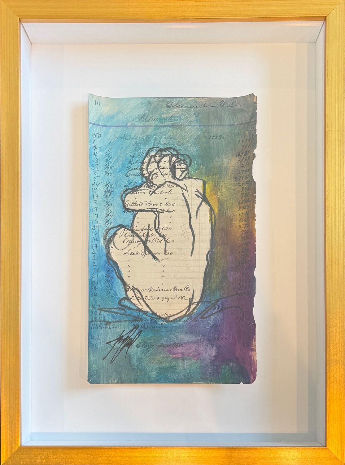 Original Artist Signed Female Sitting Abstract w/ Matting & Gold Frame 15.75"W x 21"H