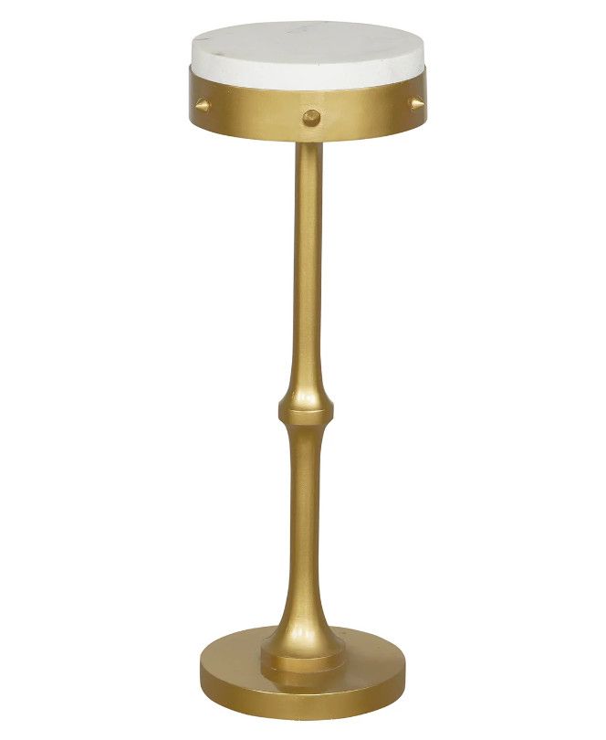 Brass Drink Table w/ White Marble Top from India 9"Dia. x 25.5"H