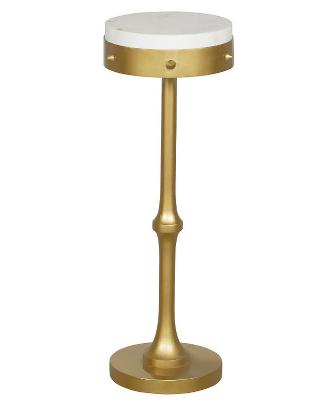 Brass Drink Table w/ White Marble Top from India 9"Dia. x 25.5"H