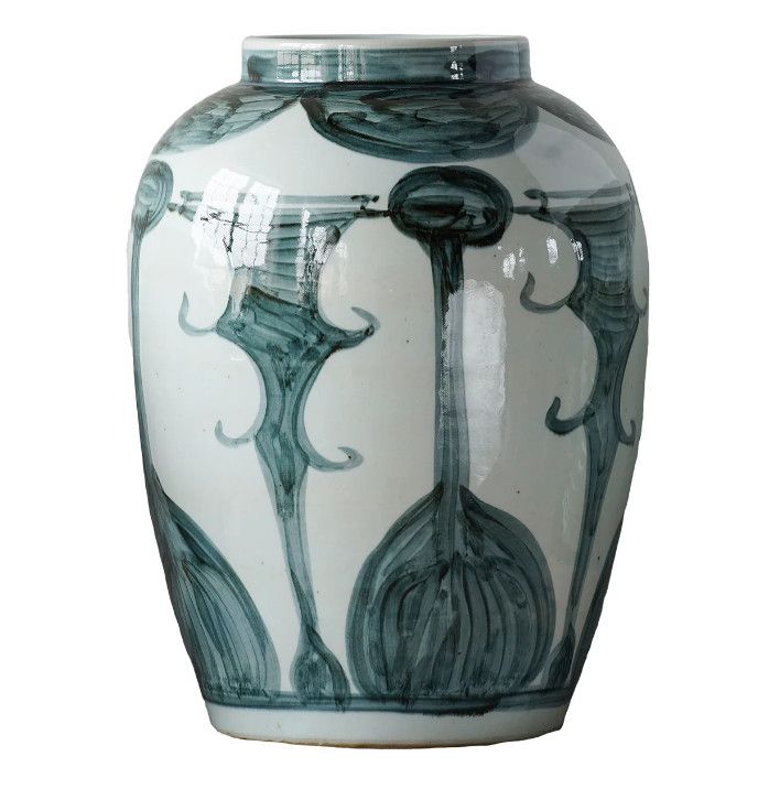 Hand-Painted Black & White Porcelain Jar 12.75"Dia. x 17"H