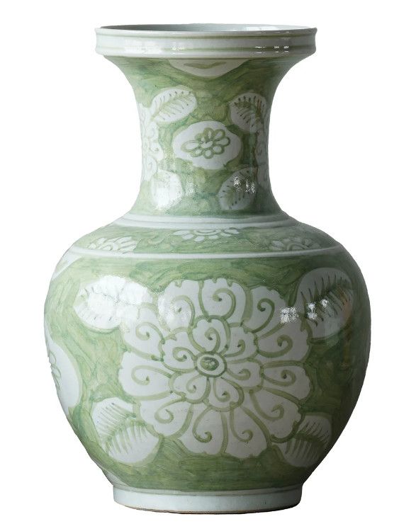 Hand-Painted Porcelain Floral Motif Green Vase 10.6"Dia. x 16"H